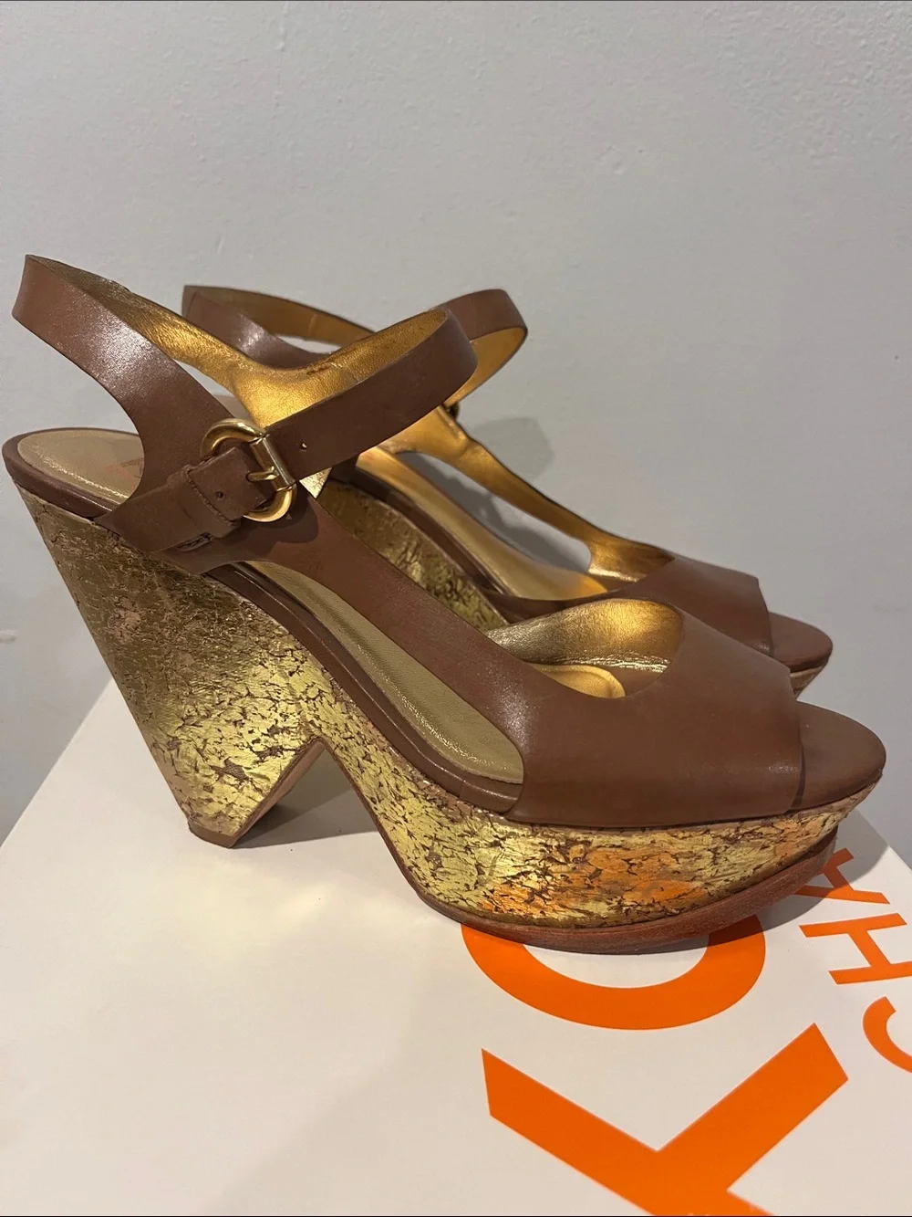 Michael Kors Brown Leather Platform Slingback Heels